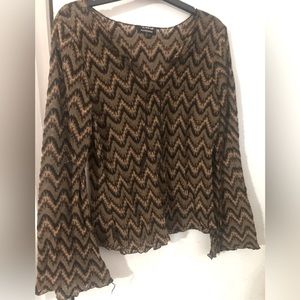 Brown toned blouse with bell sleeves, large, v neck, retro